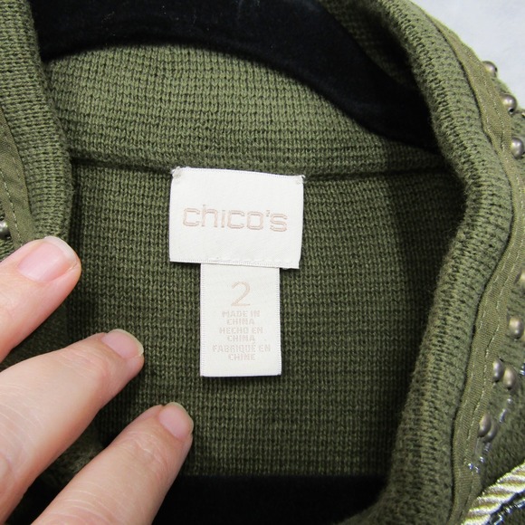 Chicos Sweater 2 Large Green Military Style Embellished Beaded Jacket Cardigan - Picture 8 of 12